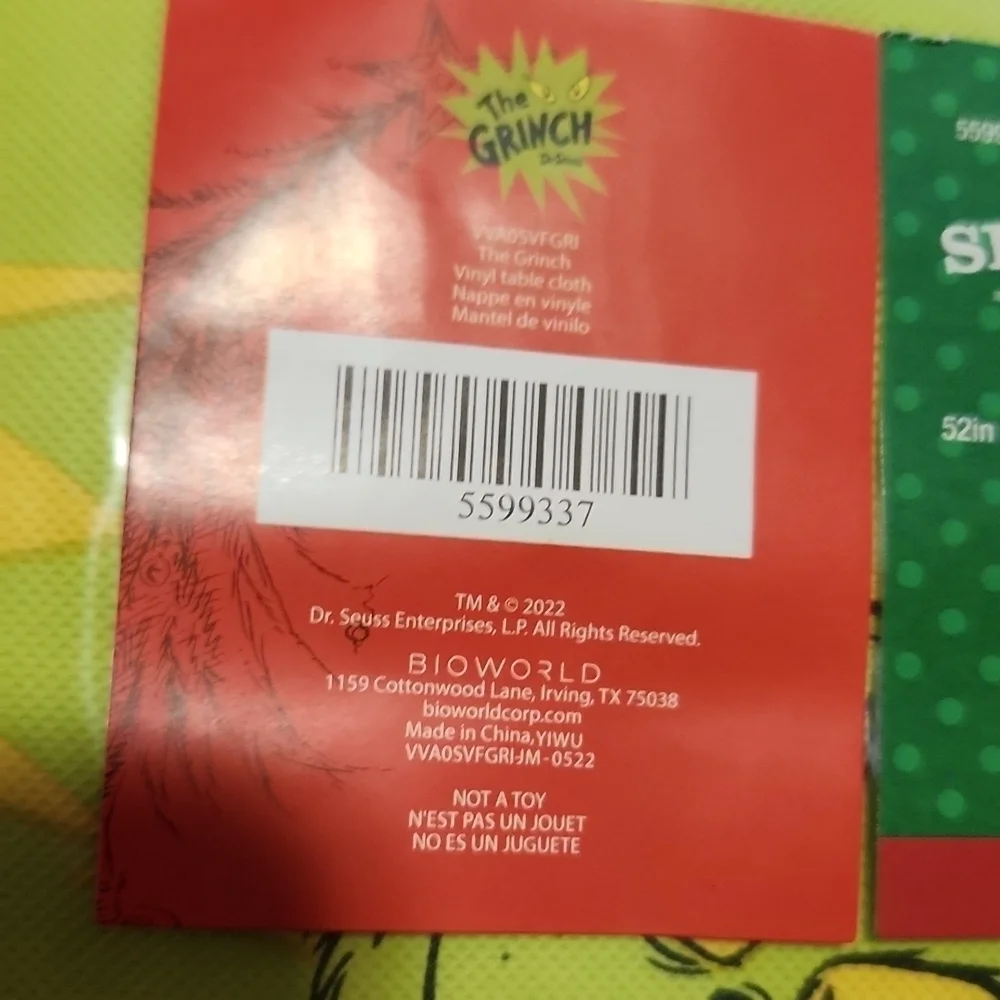 Grinch table cloth 52 x 70 inches new